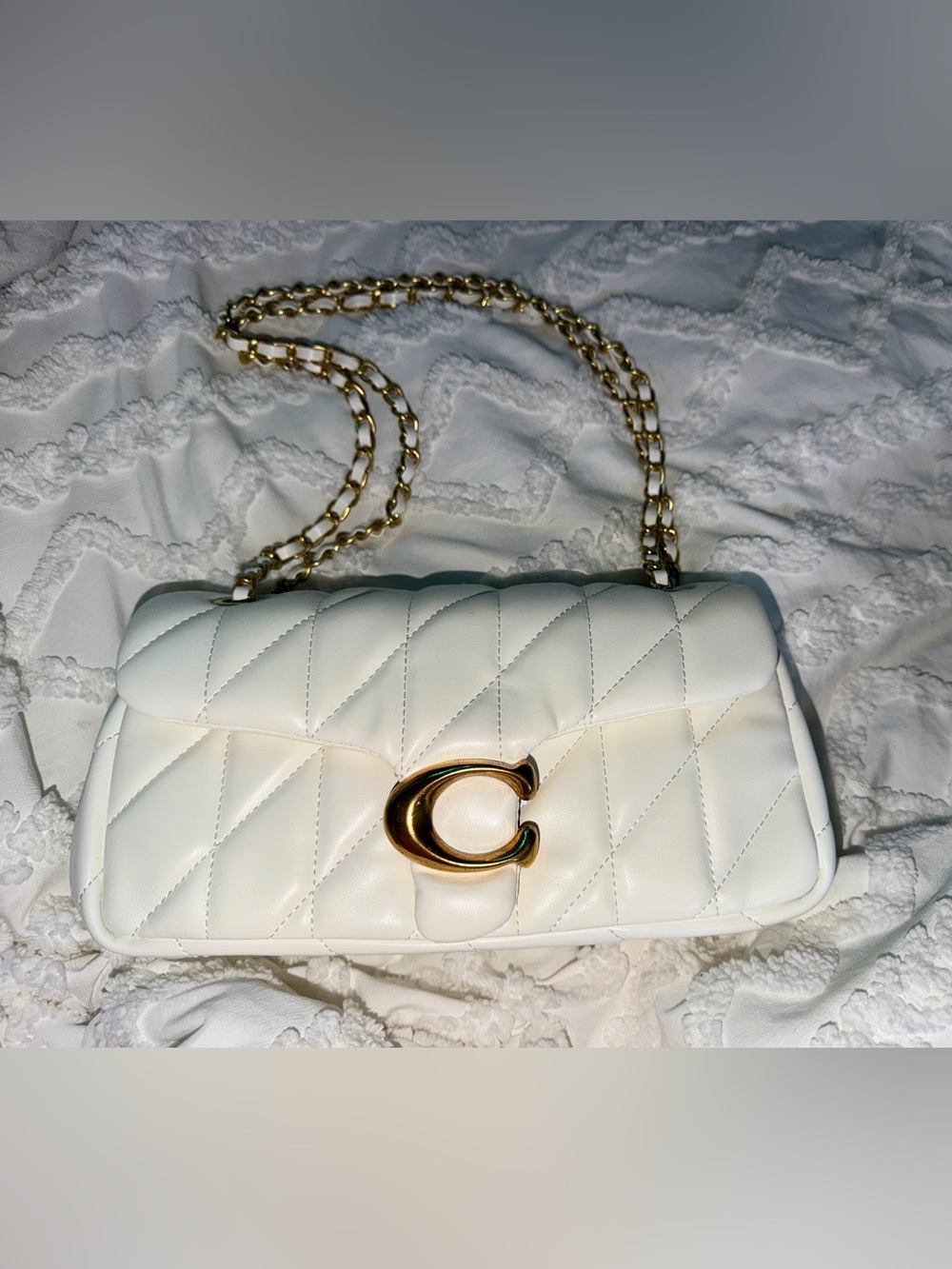 White Quilted faux Leather Shoulder Bag with Gold Chain